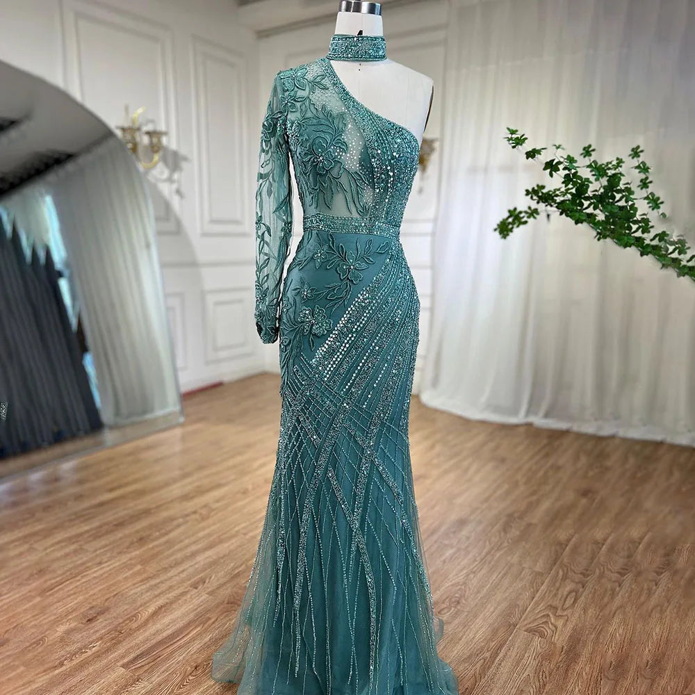 On Sale no return no refund One-Shoulder Beaded Turquoise Mermaid Evening Dress for Women&
