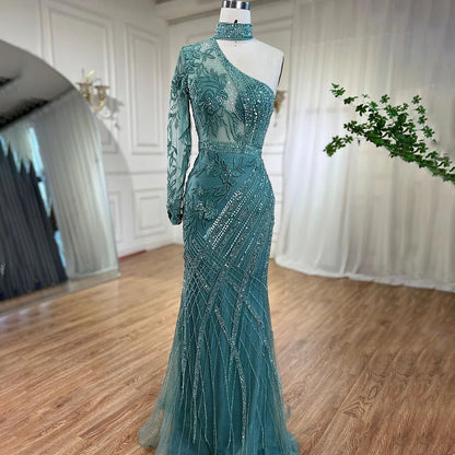 On Sale no return no refund One-Shoulder Beaded Turquoise Mermaid Evening Dress for Women&