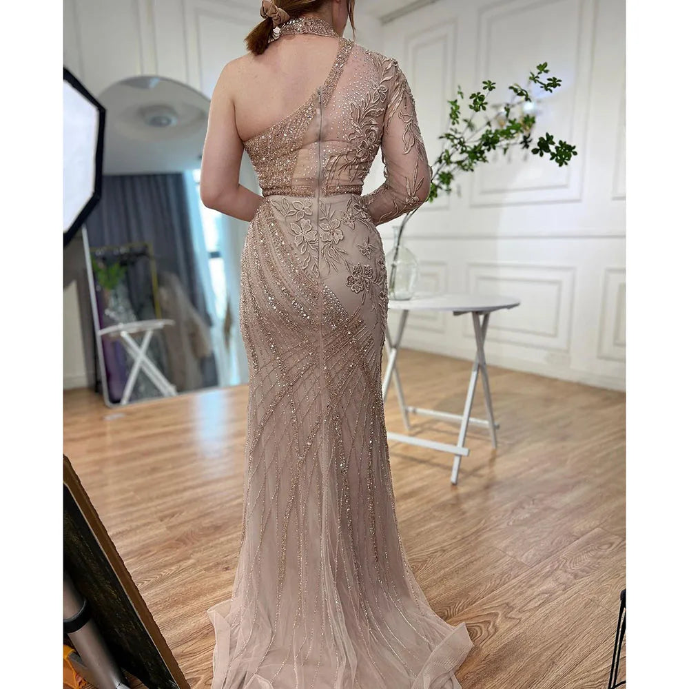 On Sale no return no refund One-Shoulder Beaded Turquoise Mermaid Evening Dress for Women&