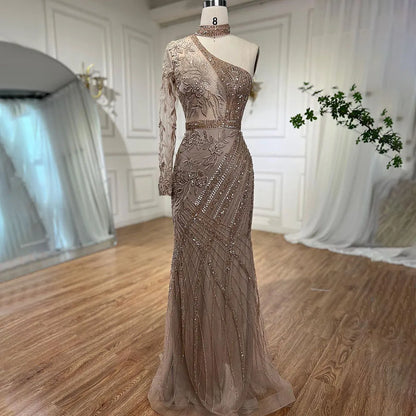 On Sale no return no refund One-Shoulder Beaded Turquoise Mermaid Evening Dress for Women&