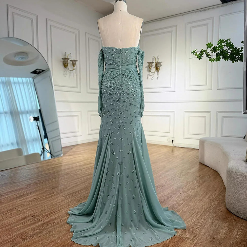 Luxury Turquoise Beaded Evening Dress with Gloves LA72933 - SERENE HILL