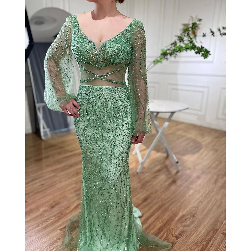 Serene Hill Sexy Mint Mermaid Elegant V-Neck Beaded Luxury Arabic Shiny Evening Dresses Gowns For Women Party 2025 LA71784 - SERENE HILL