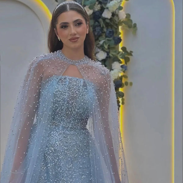 Luxury Arabic Blue A-Line Evening Dress with Cape Sleeves Plus Size LA72659
