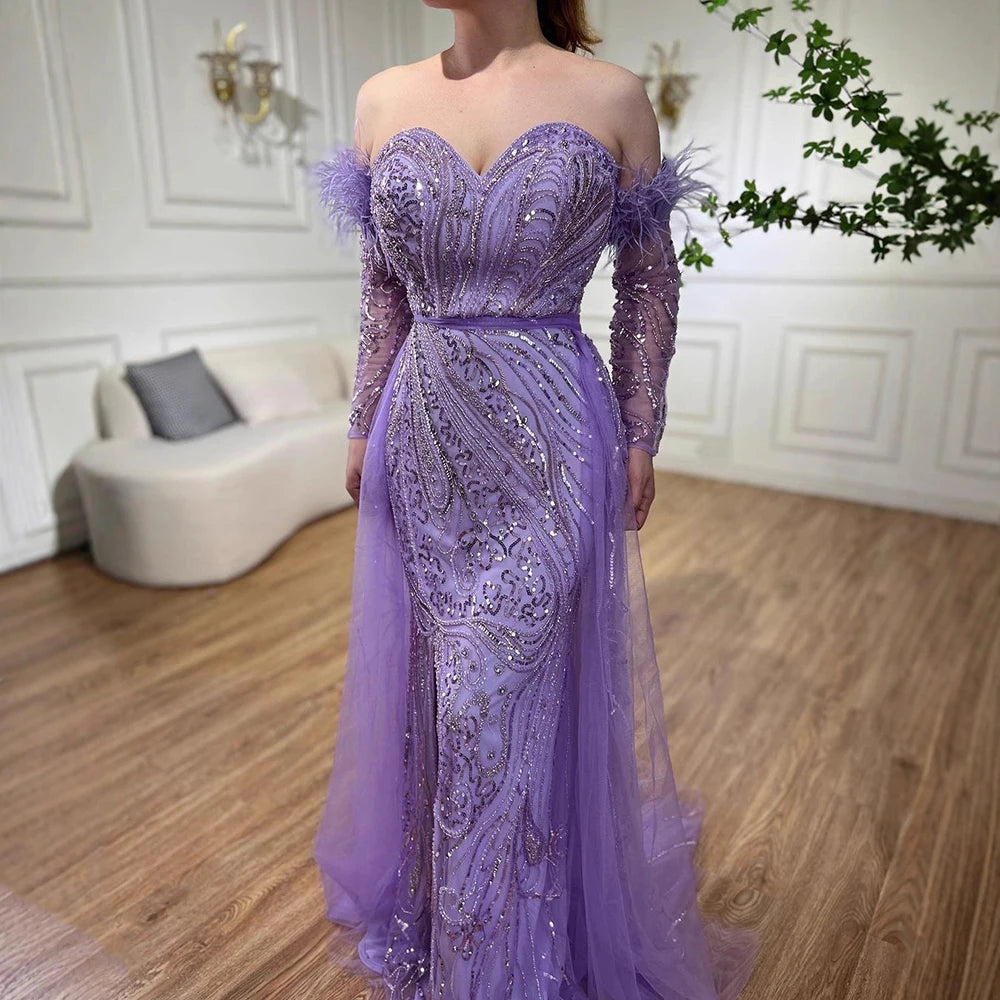 Luxury Arabic Nude Mermaid High Split Feather Beaded Evening Dress LA71910 - SERENE HILL