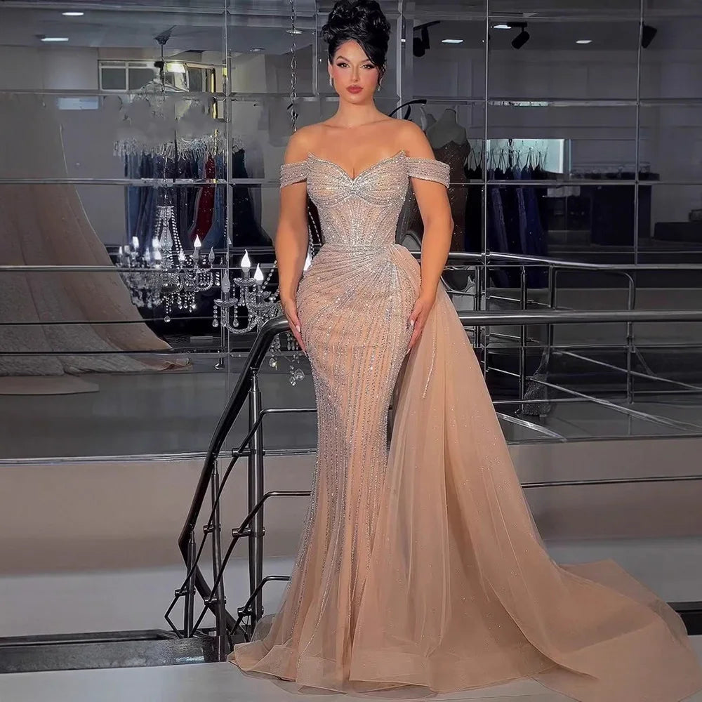 Luxury Nude Off Shoulder Beaded Mermaid Gown with Overskirt LA73139 - SERENE HILL
