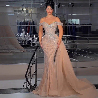 Luxury Nude Off Shoulder Beaded Mermaid Gown with Overskirt LA73139 - SERENE HILL