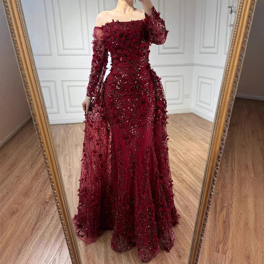 Pink Beaded Mermaid Evening Gown with Overskirt and Appliques LA72641 - SERENE HILL