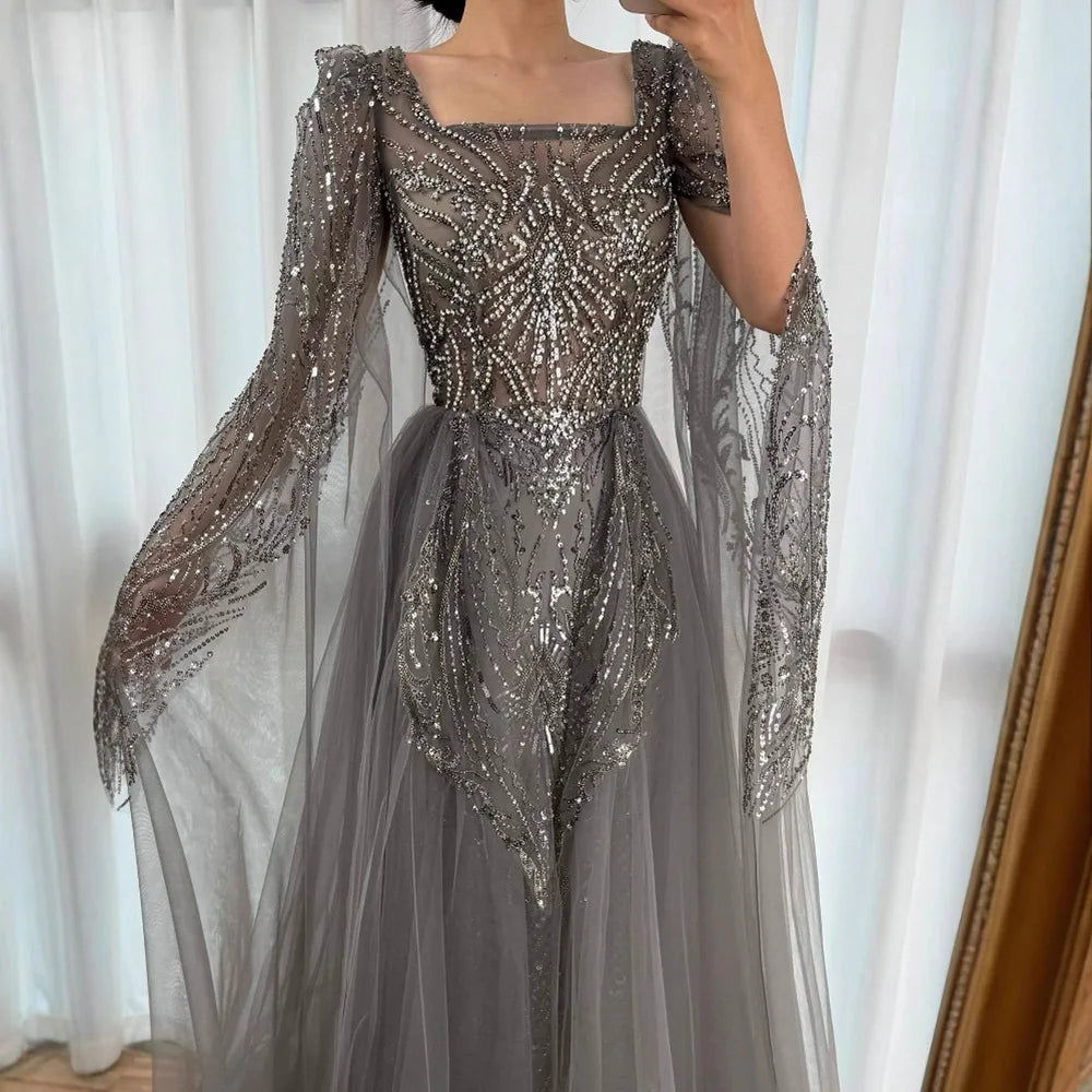 Luxury Gray A Line Beaded Evening Dress for Women LA73088 - SERENE HILL