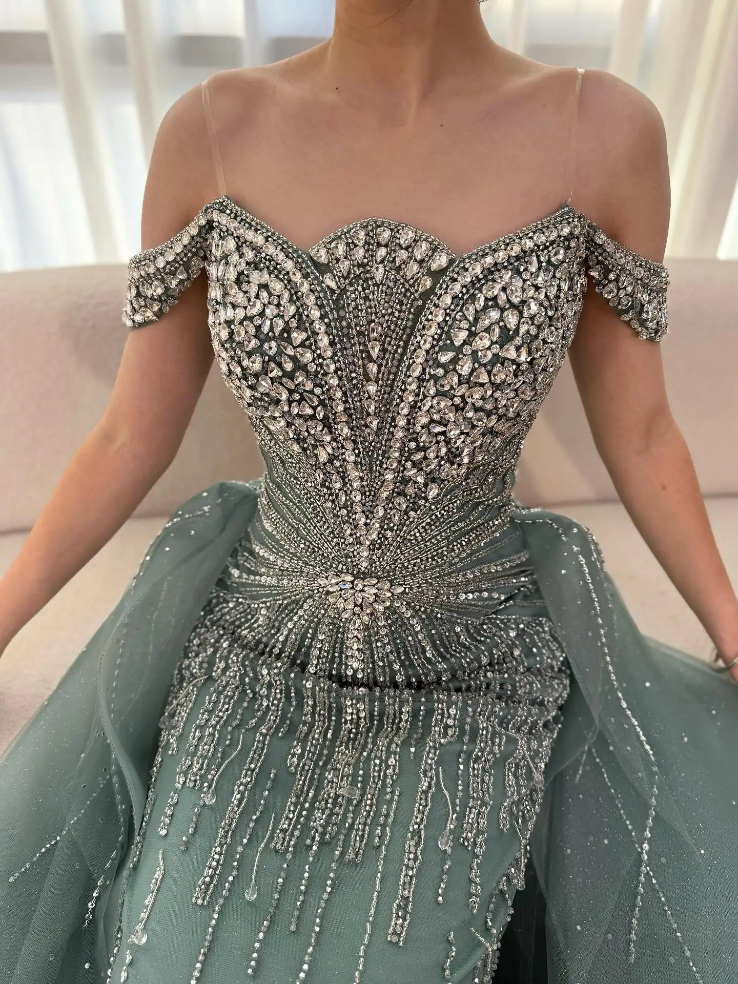 Luxury Beaded Nude Off Shoulder Mermaid Evening Dress LA73392 - SERENE HILL