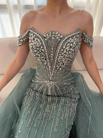 Luxury Beaded Nude Off Shoulder Mermaid Evening Dress LA73392 - SERENE HILL