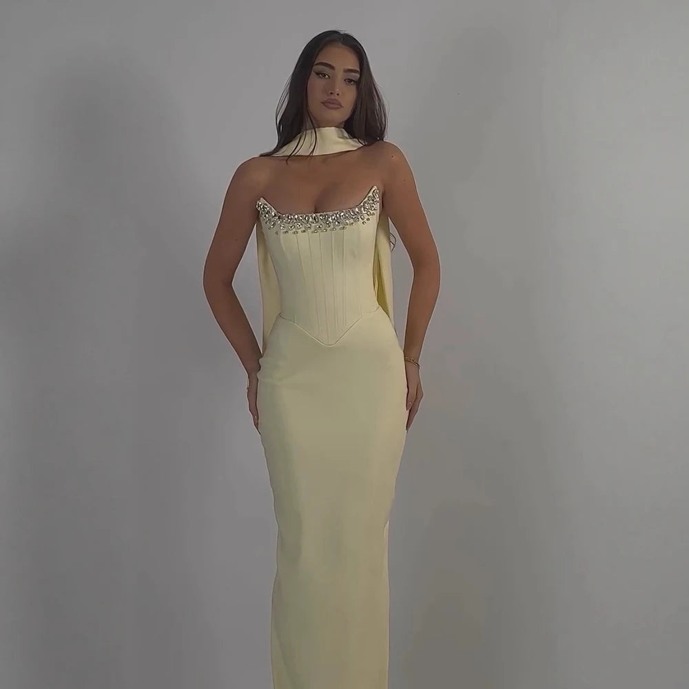Luxury Yellow Crystal Beaded Mermaid Luxury Evening Dress Elegant LA73175A - SERENE HILL