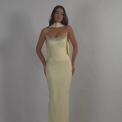 Luxury Yellow Crystal Beaded Mermaid Luxury Evening Dress Elegant LA73175A - SERENE HILL
