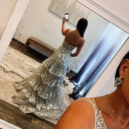 Luxury Silver Tiered Beaded One Shoulder Formal Evening Dress LA72593B - SERENE HILL
