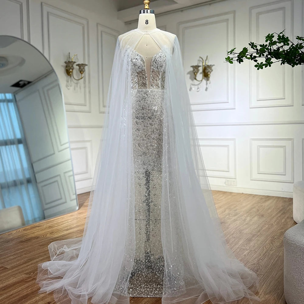 Luxury White Sequin Mermaid Evening Dress with Cape LA72996 - SERENE HILL