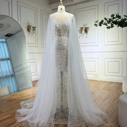 Luxury White Sequin Mermaid Evening Dress with Cape LA72996 - SERENE HILL