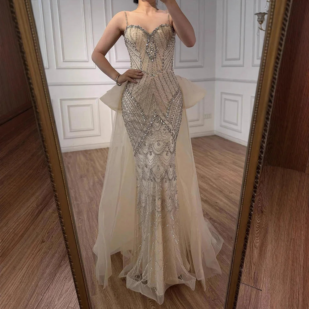 Luxury Pink Crystal Beaded Mermaid Evening Dress with Overskirt LA73143 - SERENE HILL