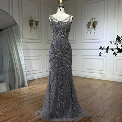 Luxury Nude Pearl Beaded Mermaid Evening Dress with Spaghetti Straps LA72356 - SERENE HILL