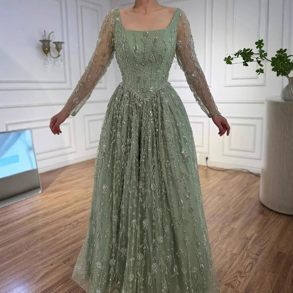 Luxury Sage Green Beaded Evening Dress with Long Sleeves LA72805B - SERENE HILL