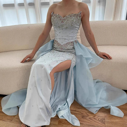 Luxury Blue Crystal Beaded Mermaid Evening Dress with Overskirt LA73145 - SERENE HILL