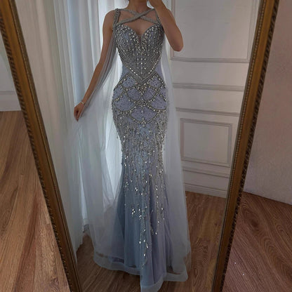 Luxury Nude Cape Sleeves Beaded Crystal Evening Dress LA72806 - SERENE HILL