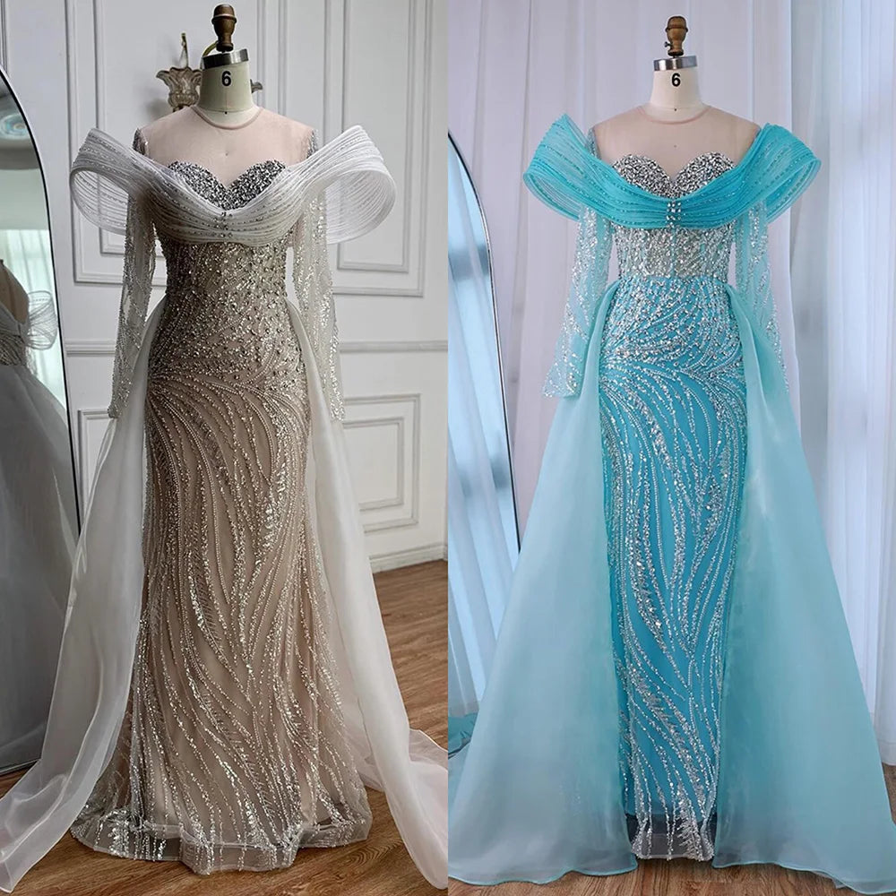 Elegant White Nude Sequin Beaded Mermaid Evening Gown LA72266C - SERENE HILL