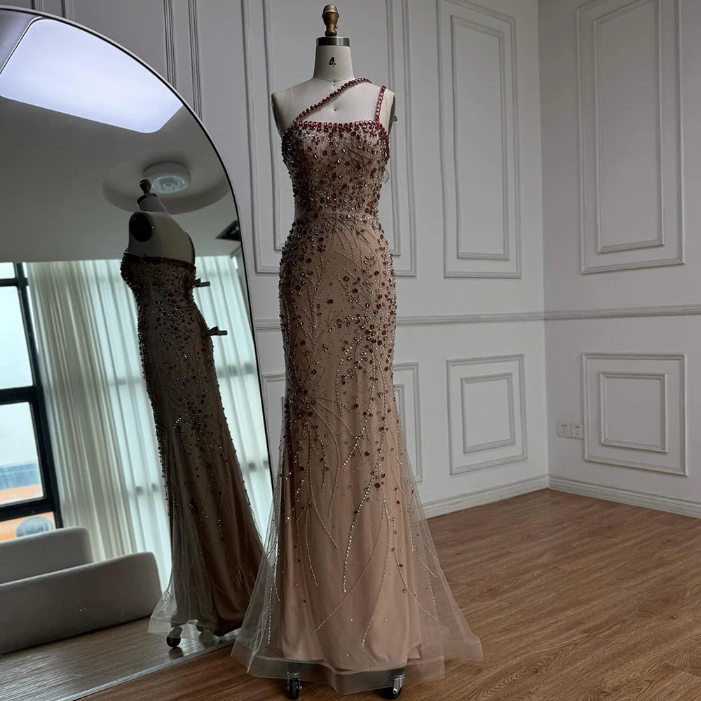 Luxury Red Saudi Arabic Crystal Beaded One Shoulder Evening Dress LA73135 - SERENE HILL