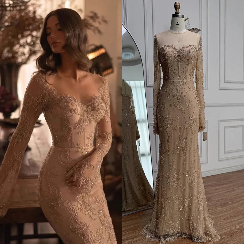 Luxury Arabic Lace Beaded Mermaid Evening Dress with Sleeves LA72545 - SERENE HILL