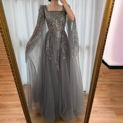 Luxury Gray A Line Beaded Evening Dress for Women LA73088 - SERENE HILL