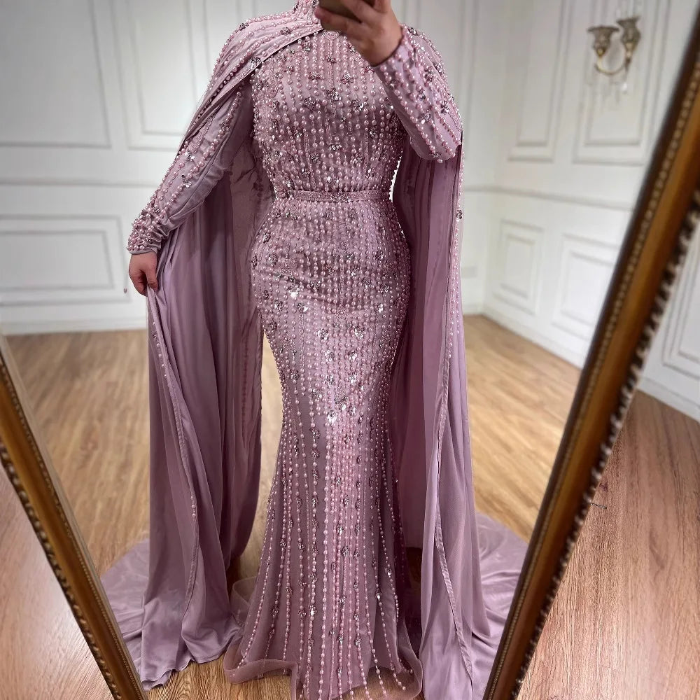 Modest Blue Muslim Beaded Evening Gown with Cape Sleeves LA72533 - SERENE HILL