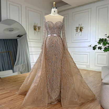 Luxury Dubai Pink Beaded Saudi Arabic Mermaid Evening Gown with Sheer Long Sleeves for Formal Occasion LA72875 - SERENE HILL