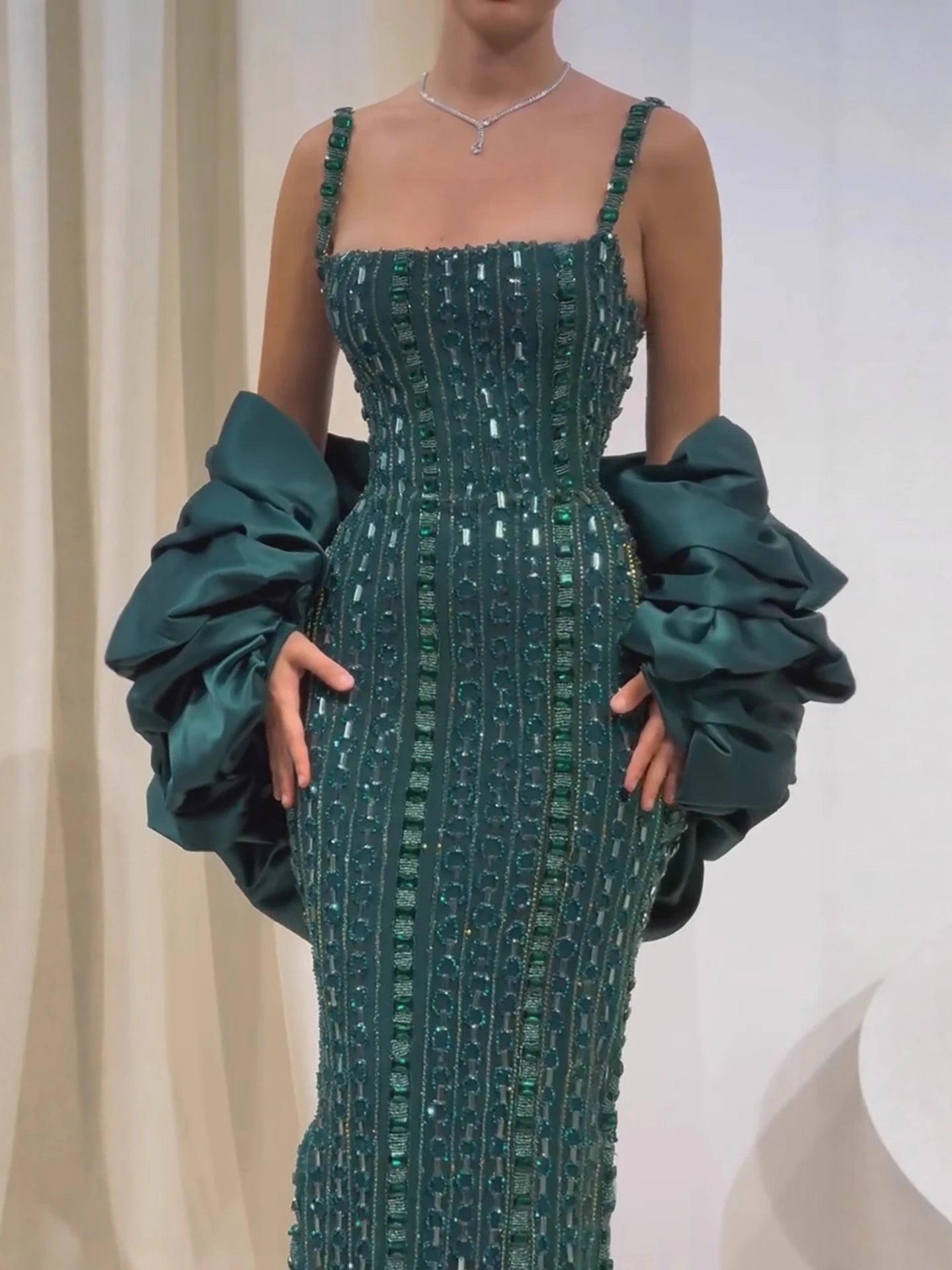 Luxury Kosovo Green Square Beaded Evening Dress with Cape LA73355 - SERENE HILL