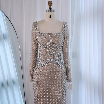 Modest Pearl Beaded Mermaid Evening Dress with Long Sleeves LA72919A - SERENE HILL