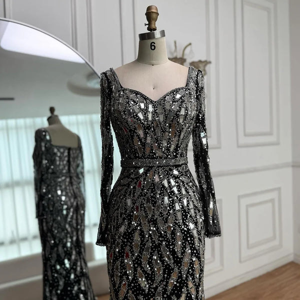 Luxury Black Silver Sequin Long Sleeve Mermaid Evening Dress LA73113