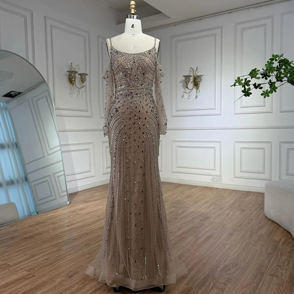 Luxury Nude Navy Blue Silver Beaded Evening Dress with Long Sleeves LA73120 - SERENE HILL