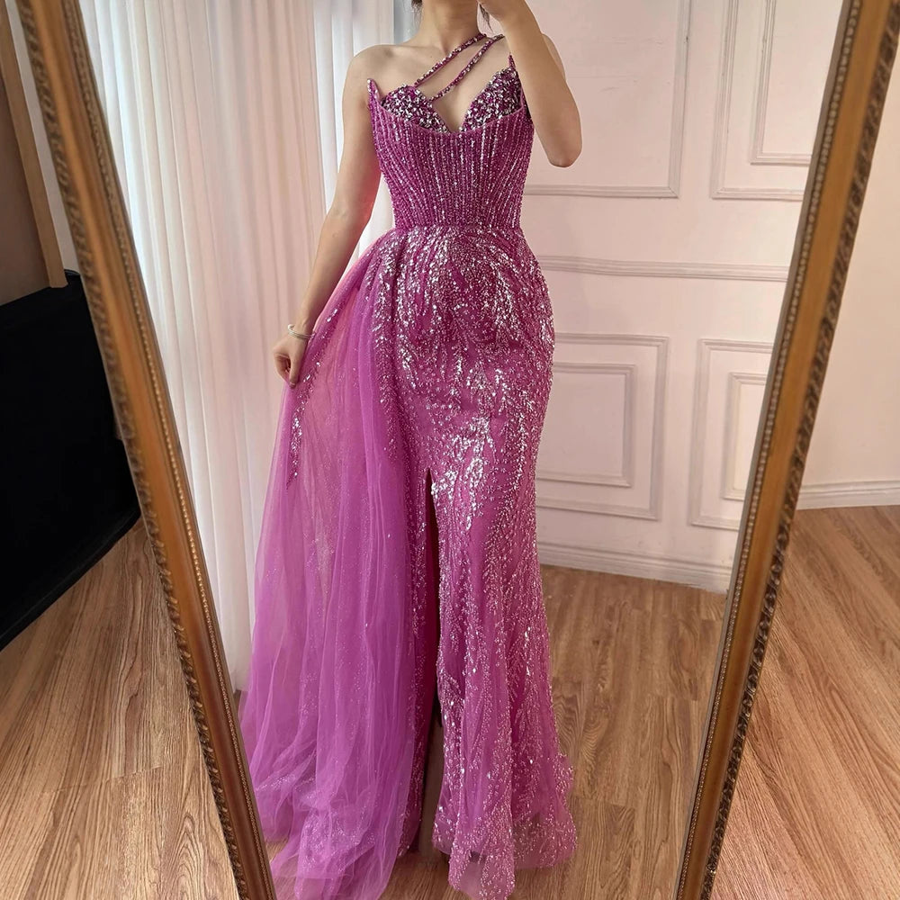 Luxury Nude Crystal Beaded One-Shoulder Evening Dress with Overskirt LA73161 - SERENE HILL