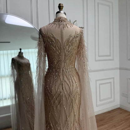 Luxury Nude Feather Beaded High Neck Formal Evening Dress for Women LA71885C - SERENE HILL