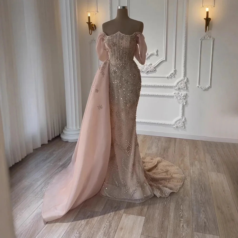 Luxury Nude Off Shoulder Pearl Beaded Mermaid Evening Dress with Overskirt LA73109 - SERENE HILL