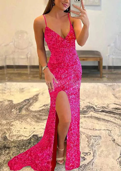 Serene Hill Arabic Blue Mermaid Spaghetti Straps Sparkly Sequined Prom Dress with Split for Women&