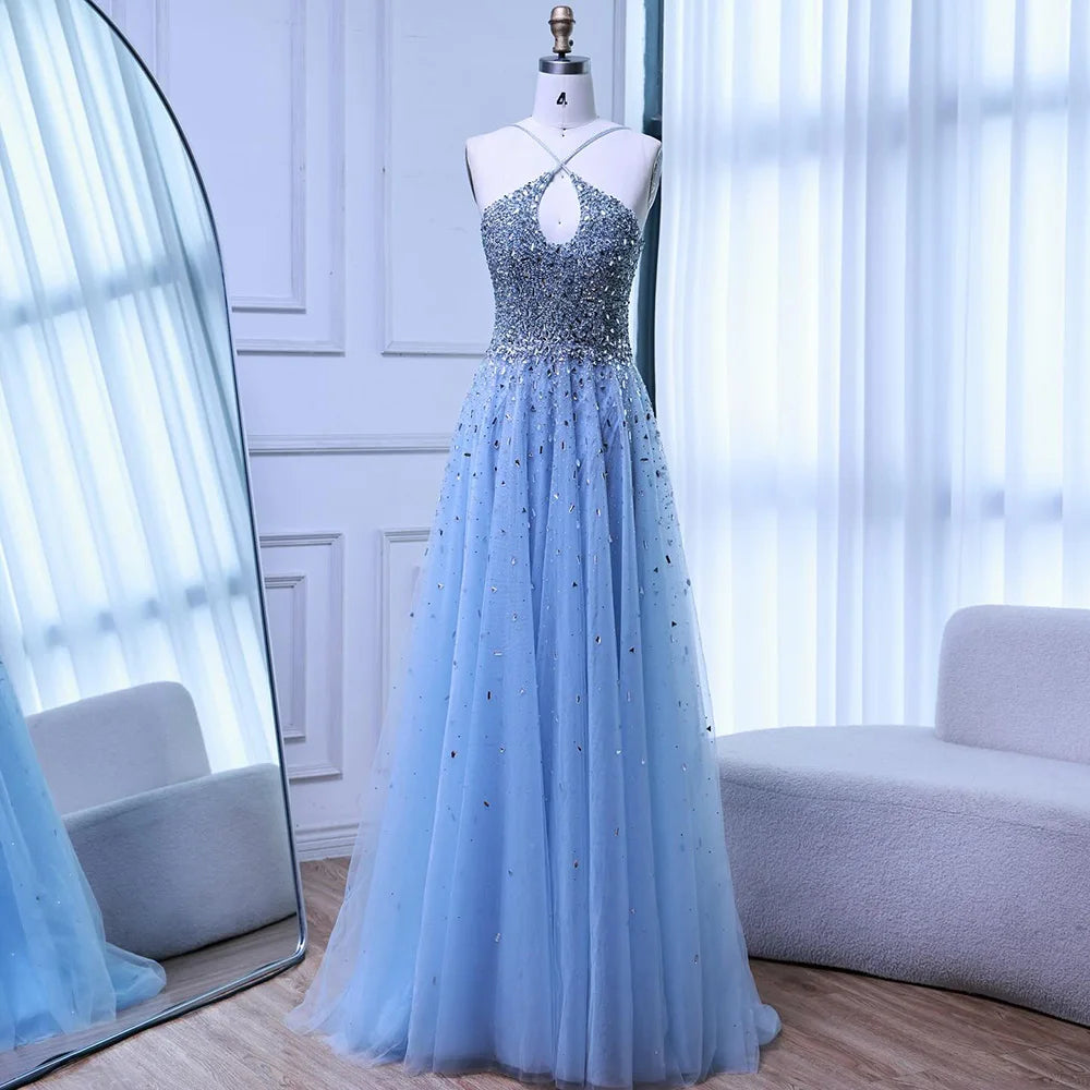Caramel Halter Beaded Tulle A-Line Evening Gown Dubai Saudi LA72863 - SERENE HILL