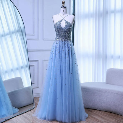 Caramel Halter Beaded Tulle A-Line Evening Gown Dubai Saudi LA72863 - SERENE HILL