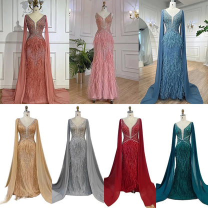 Serene Hill Arabic Blue Mermaid Elegant With Cape Luxury Beaded Feather Dubai Evening Dresses Gowns for Women Party LA71583B - SERENE HILL