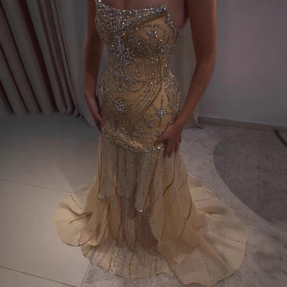 Luxury Gold Diamond Evening Dress with Cape for Wedding Party LA73224 - SERENE HILL