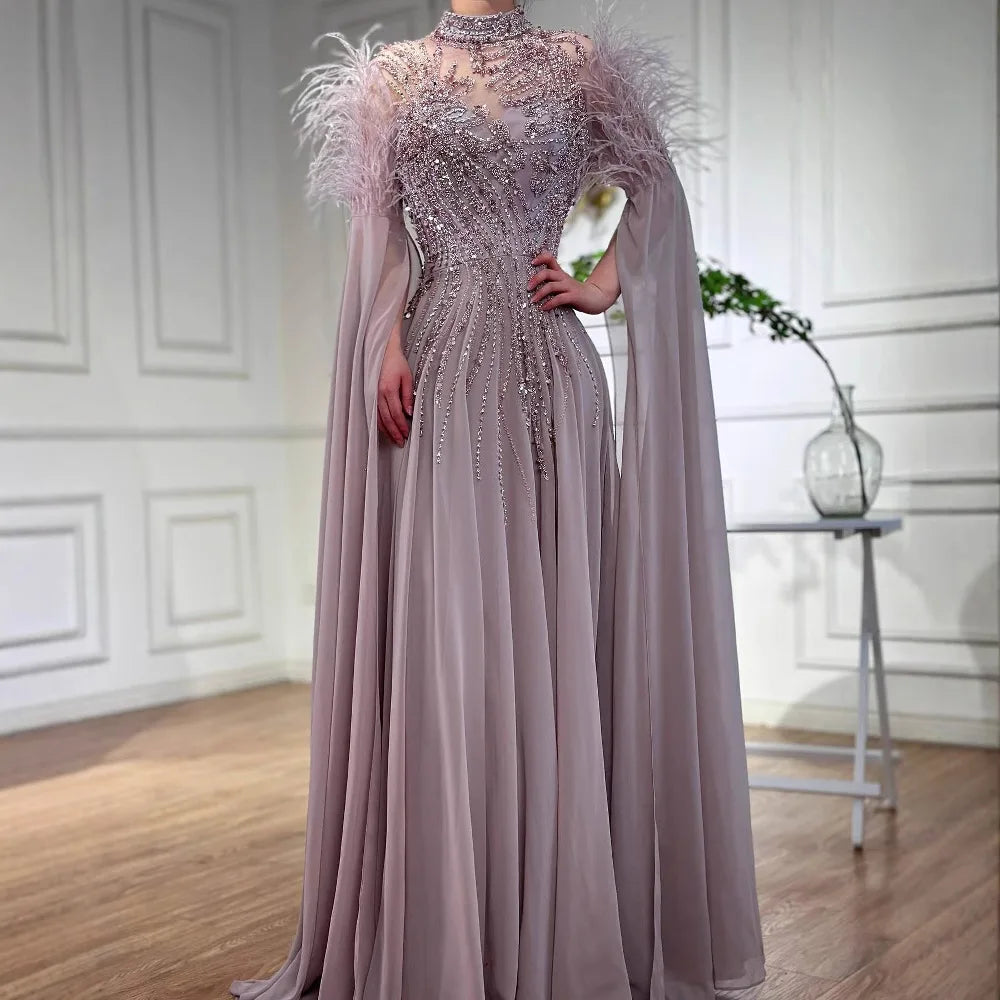 Luxury Pink Feather Beaded Evening Dress with Long Cape Sleeves LA72982 - SERENE HILL