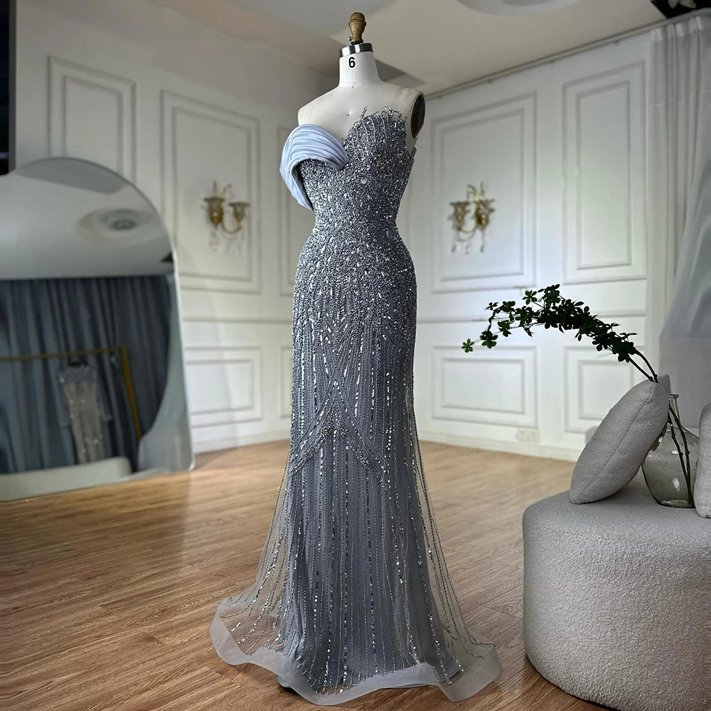 Luxury Dubai Arabic Green Mermaid Elegant One Shoulder Beaded Long Evening Dresses Gowns for Formal Occasion LA72650 - SERENE HILL