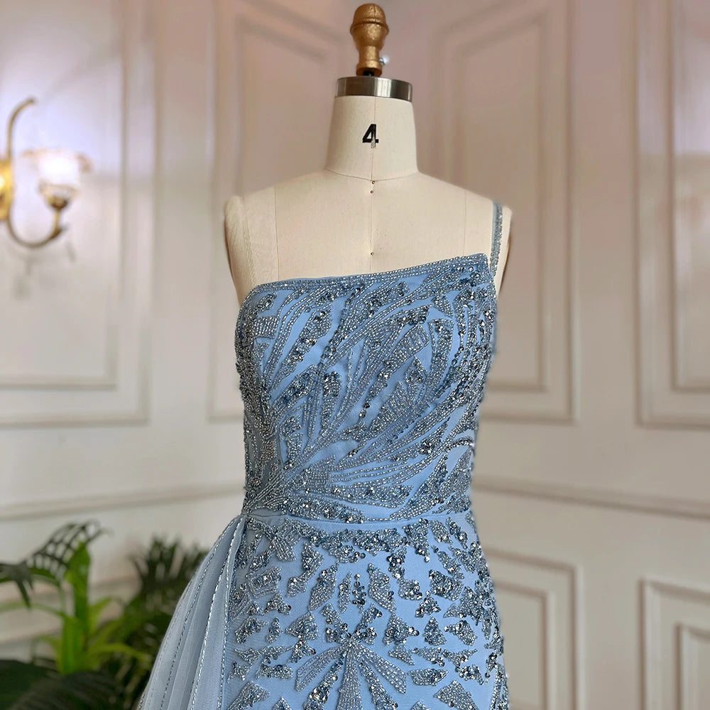 Luxury Blue One Shoulder Beaded Mermaid Evening Gown with Overskirt LA71730 - SERENE HILL