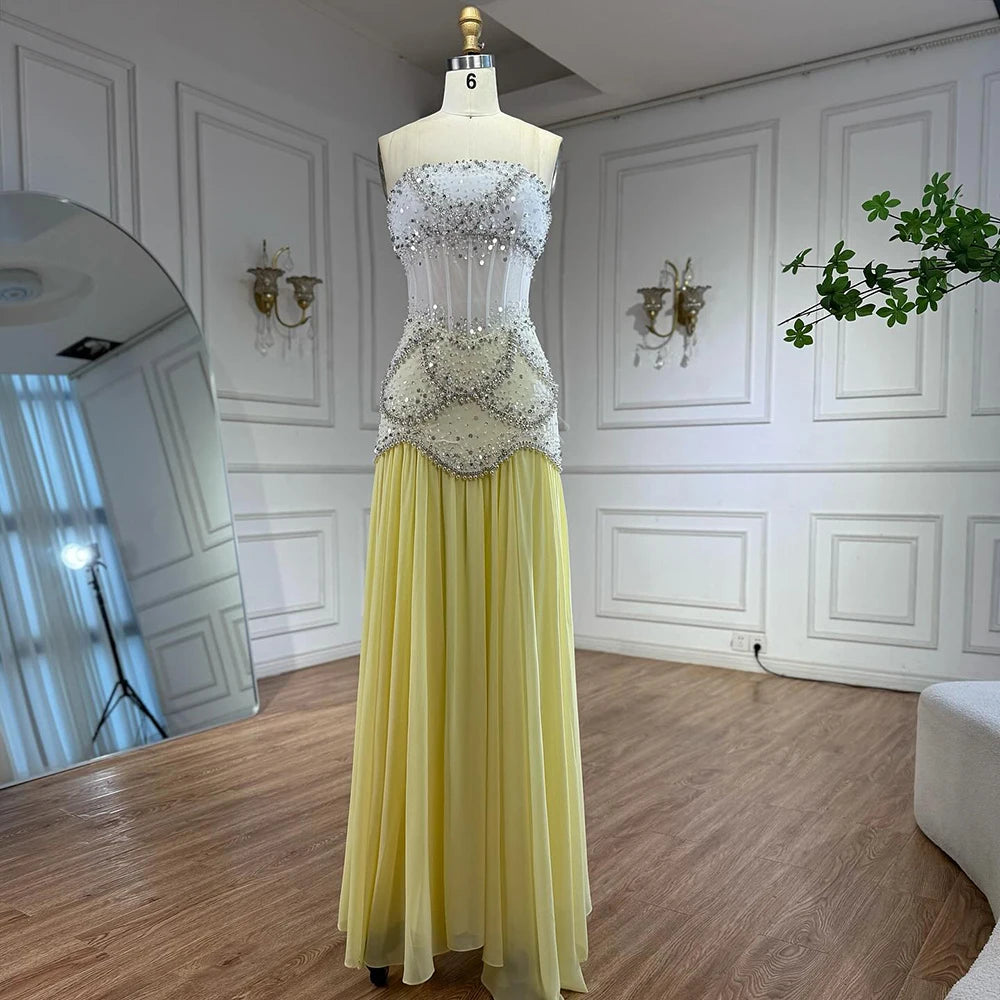 Luxury Yellow Pearls A-Line Evening Dress with Flowing Coat LA72978 - SERENE HILL
