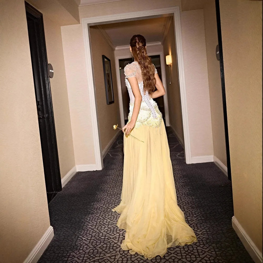 Luxury Yellow Pearls A-Line Evening Dress with Flowing Coat LA72978 - SERENE HILL