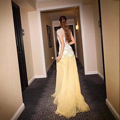 Luxury Yellow Pearls A-Line Evening Dress with Flowing Coat LA72978 - SERENE HILL