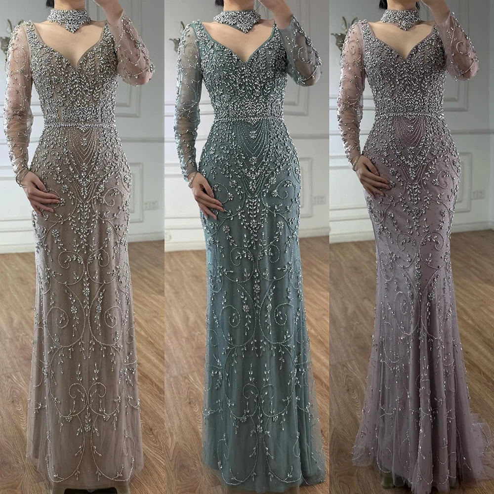 Luxury Caramel Beaded Crystal Mermaid Evening Dress Long Sleeves LA73042B - SERENE HILL