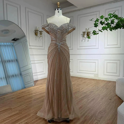 Luxury Nude Arabic Crystal Beaded Mermaid Off Shoulder Evening Dress LA73128 - SERENE HILL